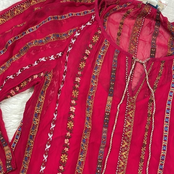 NWT Sundance Red Embroidered Tassel Tie Peasant Blouse Petite - Picture 8 of 11